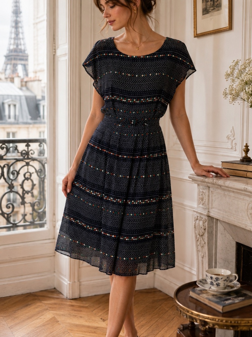 Vintage Navy Geometric Print Dress | Retro Secretary size s/m